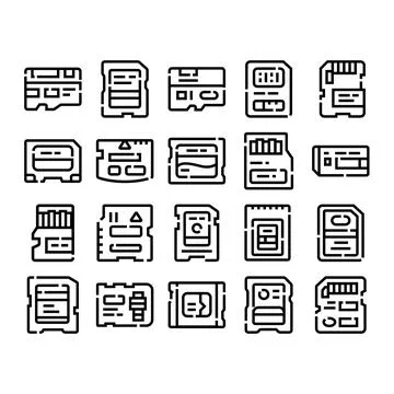 Memory card storage devices line icons collection Illustrazione stock