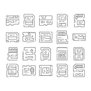 Memory cards and flash storage devices icons set 스톡 일러스트