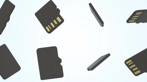 Memory Cards Falling on a Light Blue Background. Micro SD Cards 3D Animation. 4K Stock Footage 311622676