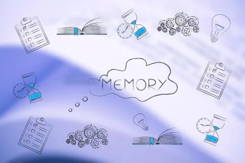 Memory comic bubble with text surrounded by memory-related icons from to do l 스톡 일러스트