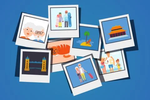 Memory of elderly couple about life, travel, tropical country, snowboard, cat Ilustração Stock