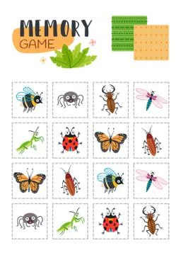 Memory game with cartoon beetles. Vector set Stock Illustration