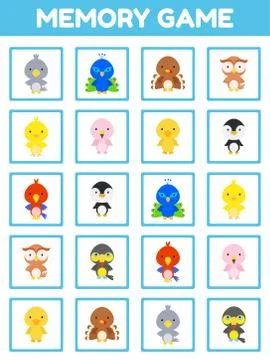 Memory game with cute set cartoon birds. Cards game find two two identical pi Stock Illustration