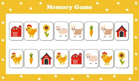 Memory game with farm themed cards in cartoon style with animals, vegetables and Stock Illustration