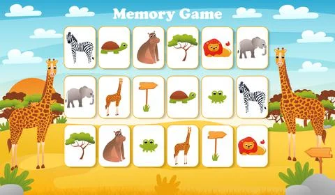 Memory game for preschool children, vector cards with cartoon safari desert a Stock Illustration