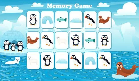 Memory game for preschool children, vector cards with cartoon north pole anim Stock Illustration