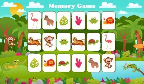 Memory game for preschool children, vector cards with cartoon tropical jungle Stock Illustration
