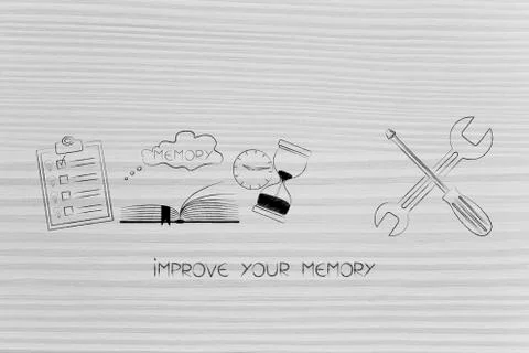 Memory icon made of book to do list and hourglass next to wrench Stock Illustration