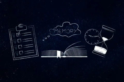Memory icon made of book to do list and hourglass Stock Illustration