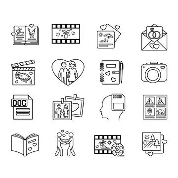 Memory Love Icons. Vector Illustrations: Book Story, Reels Media, Pictures,.. Stock Illustration