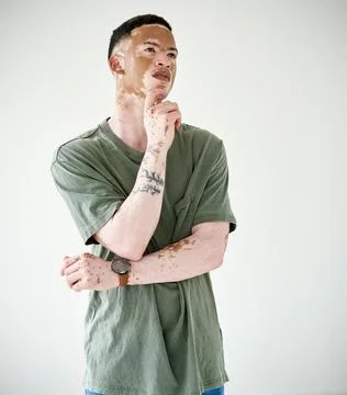 Memory, man against a white background and thinking for problem solving Stock Photos