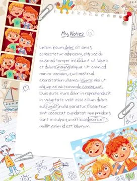 Memory page from a children's diary with attached photos, handwritten notes a Stock Illustration
