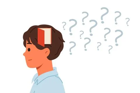 Memory problems in man standing near question marks with door in head Stock Illustration
