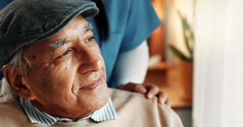 Memory, reflection and thinking with old man in nursing home, elderly care .. Stock Photos