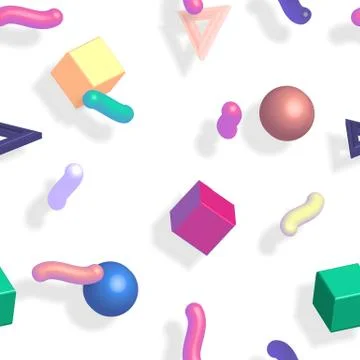 Memphis 80s 3d pattern with geometric shapes vector illustration. Stock Illustration
