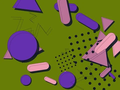 Memphis abstract pattern with pink and purple geometric shapes on olive gre.. Stock Illustration