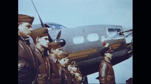 Memphis Belle crew receiving order of 26th Mission from Gen. Ira Clarence Eaker Stock Footage