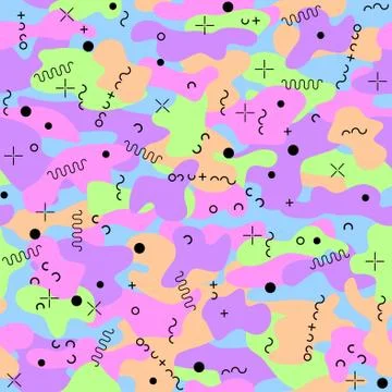 Memphis camouflage seamless pattern in a violet, orange, blue, green and pink Stock Illustration