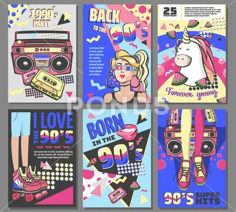 Memphis cards retro illustrations. banners in 90s style. graphic and printed tee Stock Illustration