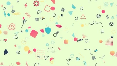 Memphis confetti shapes falling down on mint background, playful party seam.. Stock Illustration