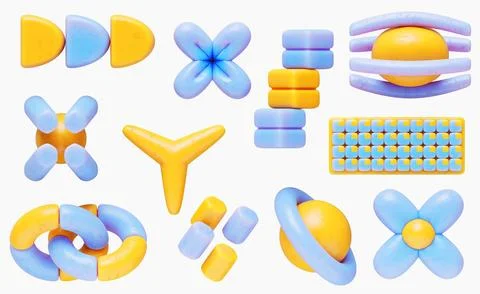 Memphis design 3D elements in yellow and blue colors - flower, star, arrow Stock Illustration