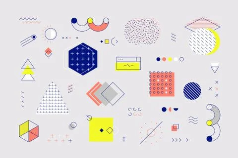 Memphis elements. Retro geometric shapes and graphic elements with lines and Stock Illustration