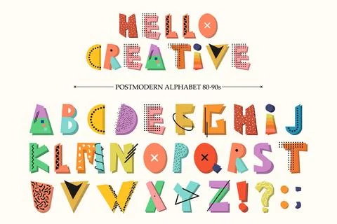 Memphis funky creative alphabet set. Colorful letters. Vector font in retro.. Illustrazione stock