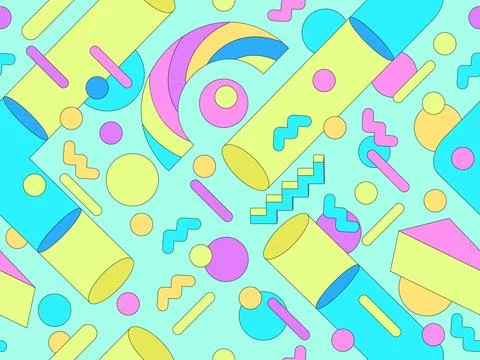 Memphis geometric seamless pattern with 3D shapes in 80s and 90s style. Col.. Illustrazione stock