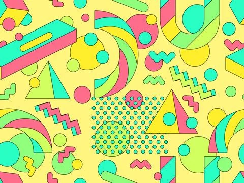 Memphis geometric seamless pattern with 3D shapes in 80s and 90s style. Col.. Stock Illustration
