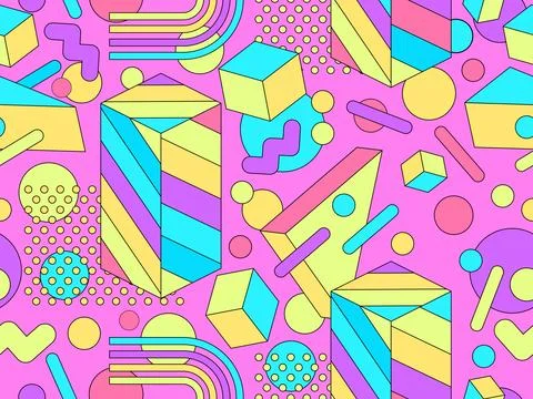 Memphis geometric seamless pattern with 3D shapes in 80s and 90s style. Col.. Stock Illustration