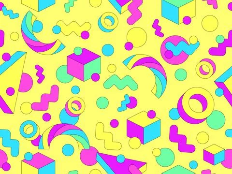 Memphis geometric seamless pattern with 3D shapes in 80s and 90s style. Col.. Illustrazione stock