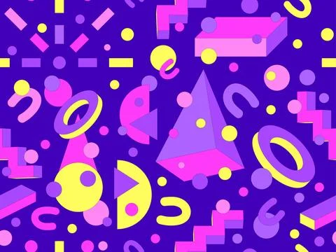 Memphis geometric seamless pattern with 3D shapes in 80s and 90s style. Col.. Stock Illustration