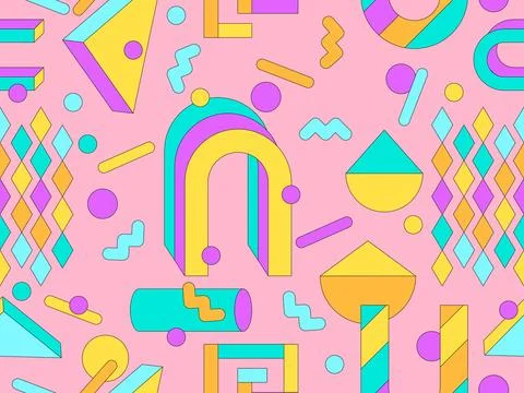 Memphis geometric seamless pattern with 3D shapes in 80s and 90s style. Col.. Stock Illustration