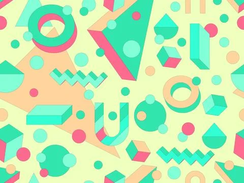 Memphis geometric seamless pattern with 3D shapes in 80s and 90s style. Iso.. Stock Illustration