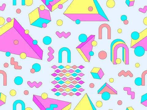 Memphis geometric seamless pattern with 3D shapes in 80s and 90s style. Iso.. Stock-Illustration