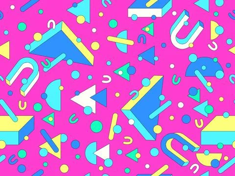 Memphis geometric seamless pattern with 3D shapes in 80s and 90s style. Iso.. Stock Illustration
