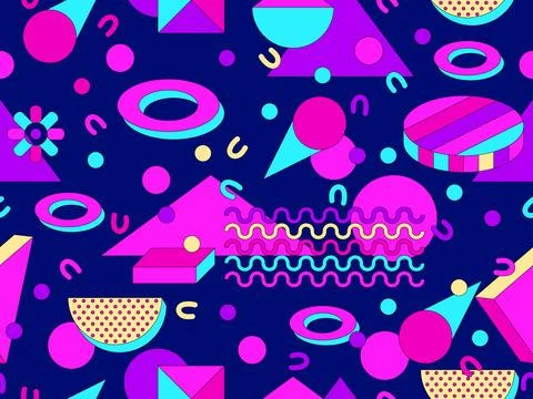 Memphis geometric seamless pattern with 3D shapes in 80s and 90s style. Iso.. Stock Illustration