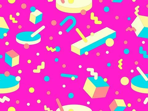 Memphis geometric seamless pattern with 3D shapes in 80s and 90s style. Iso.. Stock Illustration