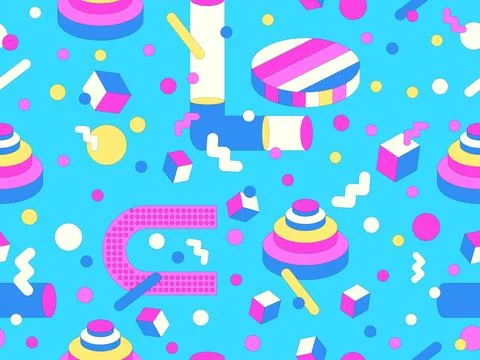 Memphis geometric seamless pattern with 3D shapes in 80s and 90s style. Iso.. Stock Illustration