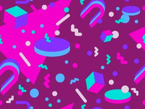 Memphis geometric seamless pattern with 3D shapes in 80s and 90s style. Iso.. Stock Illustration