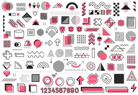 Memphis geometric shapes, patterns and elements Stock Illustration
