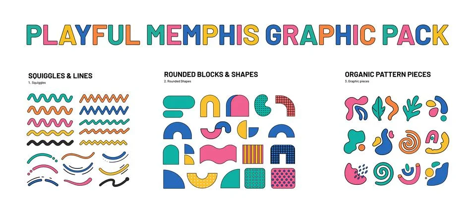 Memphis graphic elements pack with abstract shapes and doodles Stock Illustration
