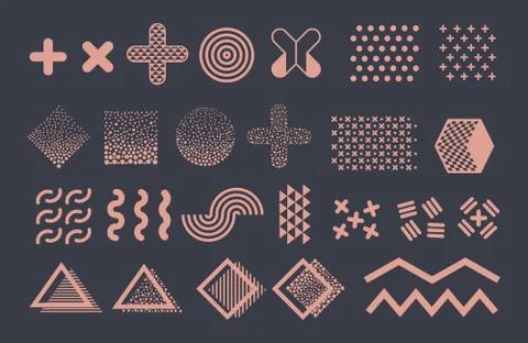Memphis graphic vector elements. Funky geometric shapes and halftones collection Illustrazione stock