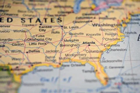 Memphis Highlighted on World Map  Soft Blur Travel Photography with Urban Foc Stock Photos