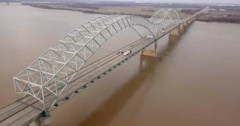 Memphis Mississippi River Bridge Flyover hazy day 4K Stock Footage