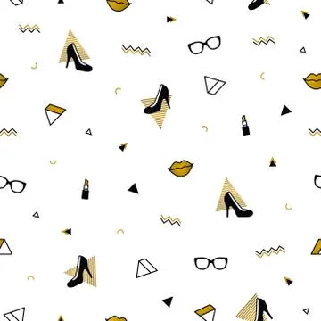 Memphis pattern with black high heel shoes, lips, sunglasses and golden Stock Illustration