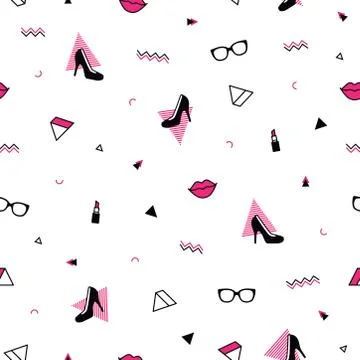 Memphis pattern with black high heel shoes, pink lips, sunglasses and geometric Stock Illustration