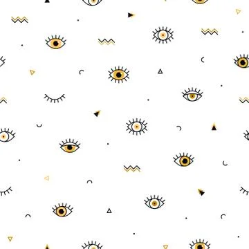 Memphis pattern with psychedelic eyes and geometric shapes. Fashion backgroun Stock Illustration