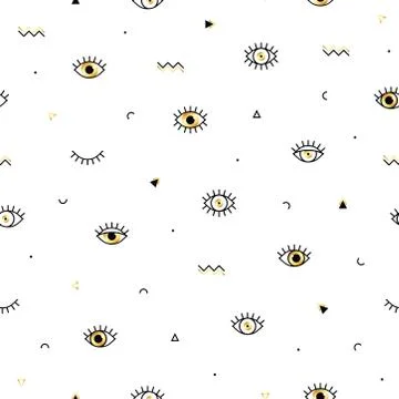 Memphis pattern with psychedelic eyes and geometric shapes. Fashion backgroun Stock Illustration