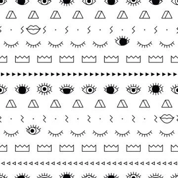 Memphis pattern with psychedelic eyes, lips and geometric shapes. Fashion bac Stock Illustration